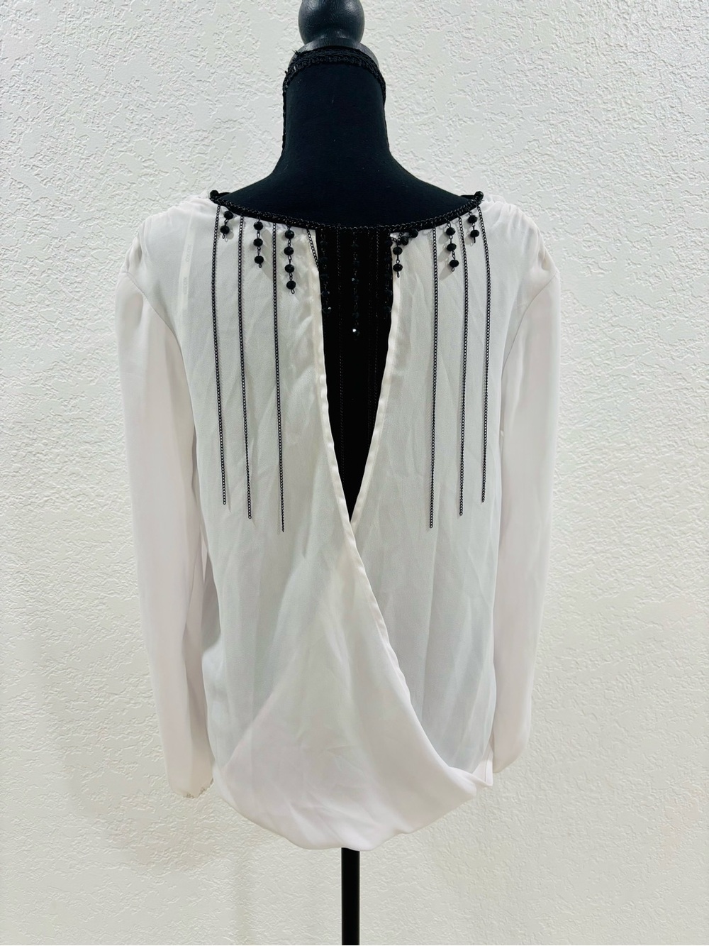XOXO White Draped-Back Blouse with Black Bead Fringe